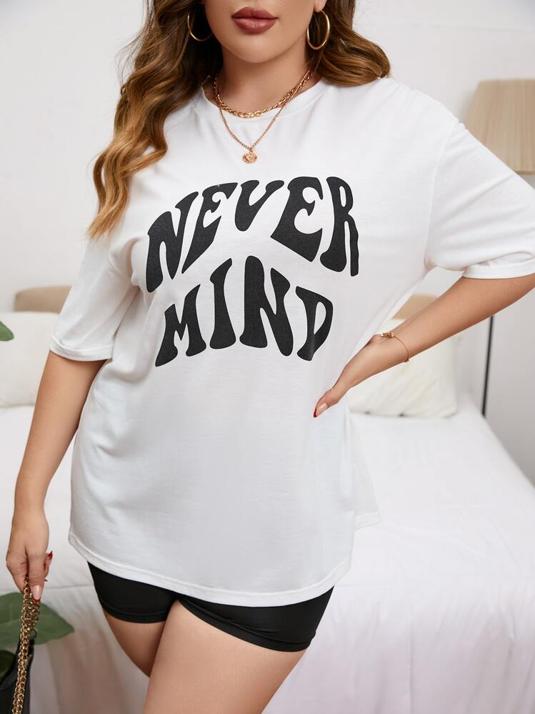 SHEIN Essnce Plus Slogan Graphic Drop Shoulder Tee - White - View 4