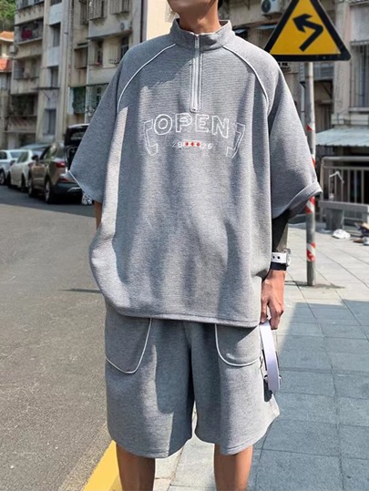 Guys Letter Graphic Raglan Sleeve Polo Shirt & Drawstring Waist Shorts