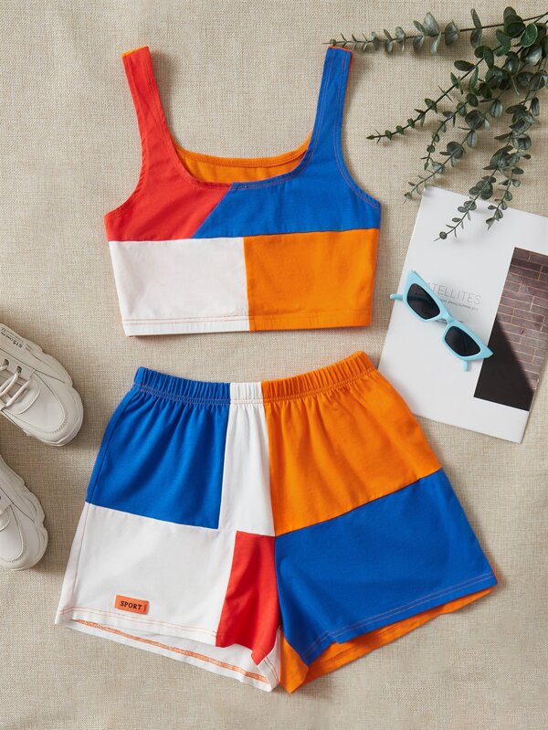 SHEIN EZwear Color Block Tank Top & Track Shorts