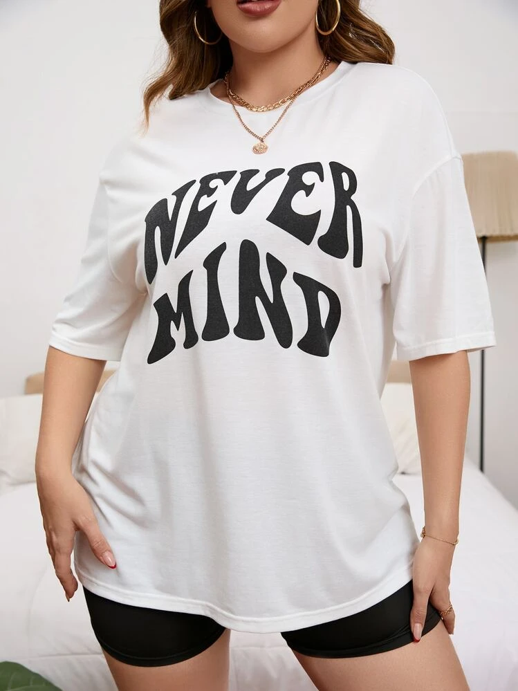 SHEIN Essnce Plus Slogan Graphic Drop Shoulder Tee - White - View 5