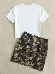 SHEIN EZwear 字母圖案短款T恤和迷彩印花半身裙 - 彩色 - 查看 2