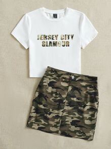 SHEIN EZwear 字母圖案短款T恤和迷彩印花半身裙 - 彩色 - 查看 4