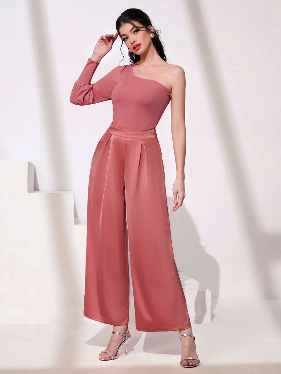 Modelyn de un hombro Top & Pantalones de pierna ancha - Rosa vieja - Ver 1