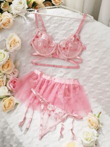 Floral Embroidery Mesh Underwire Garter Lingerie Set - Pink - View 6