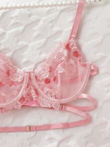 Floral Embroidery Mesh Underwire Garter Lingerie Set - Pink - View 7