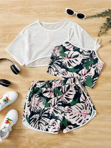 SHEIN Leap Crew Teen Girls Tropical Print Cami Top & Shorts & Super Crop Tee - Multicolor - View 1