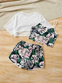 SHEIN Leap Crew Teen Girls Tropical Print Cami Top & Shorts & Super Crop Tee - Multicolor - View 2