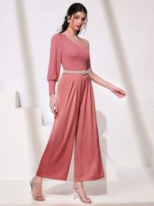 Modelyn de un hombro Top & Pantalones de pierna ancha - Rosa vieja - Ver 4