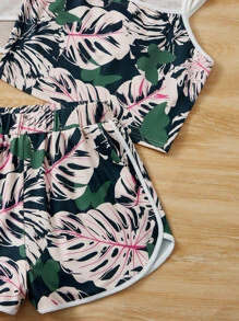 SHEIN Leap Crew Teen Girls Tropical Print Cami Top & Shorts & Super Crop Tee - Multicolor - View 3