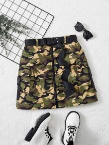 SHEIN 青少年女孩迷彩印花翻蓋口袋腰帶工裝裙