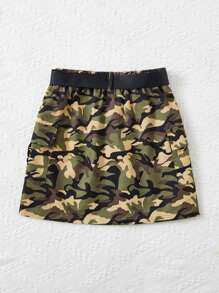 SHEIN 青少年女孩迷彩印花翻蓋口袋腰帶工裝裙