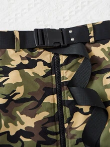 SHEIN 青少年女孩迷彩印花翻蓋口袋腰帶工裝裙