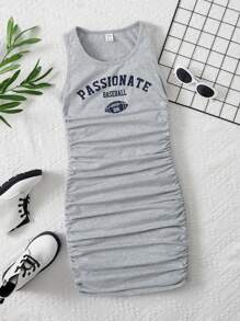 SHEIN 青少年女孩字母圖案側收褶連衣裙 - 淺灰色 - 查看 1