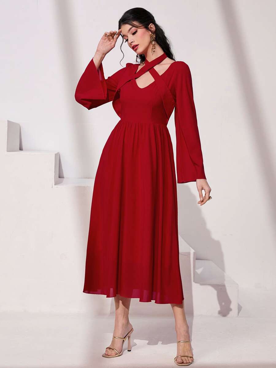 Modelyn 前交叉荷葉袖連衣裙 - 紅色 - 查看 1