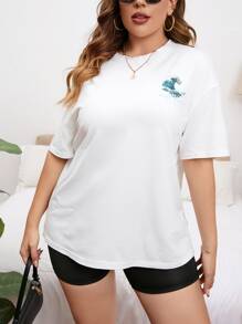 SHEIN EZwear Plus Wave & Slogan Graphic Drop Shoulder Tee - White - View 5