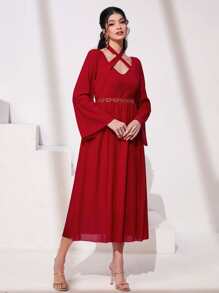 Modelyn 前交叉荷葉袖連衣裙 - 紅色 - 查看 3