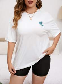 SHEIN EZwear Plus Wave & Slogan Graphic Drop Shoulder Tee - White - View 3