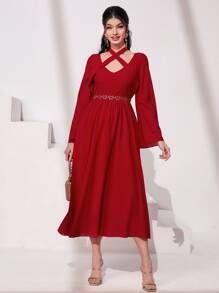 Modelyn 前交叉荷葉袖連衣裙 - 紅色 - 查看 5