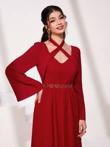 Modelyn 前交叉荷葉袖連衣裙 - 紅色 - 查看 6