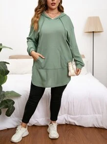 SHEIN LUNE Plus  Pocket Drop Shoulder Drawstring Hoodie Winter Fall Autumn - Army Green - View 3