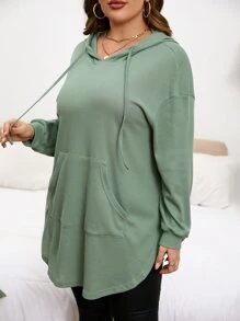 SHEIN LUNE Plus  Pocket Drop Shoulder Drawstring Hoodie Winter Fall Autumn - Army Green - View 4
