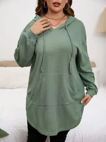 SHEIN LUNE Plus  Pocket Drop Shoulder Drawstring Hoodie Winter Fall Autumn - Army Green - View 5