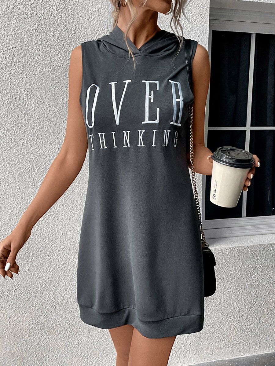 SHEIN LUNE Embroidery Letter Graphic Sweatshirt Dress - Dark Grey - View 1