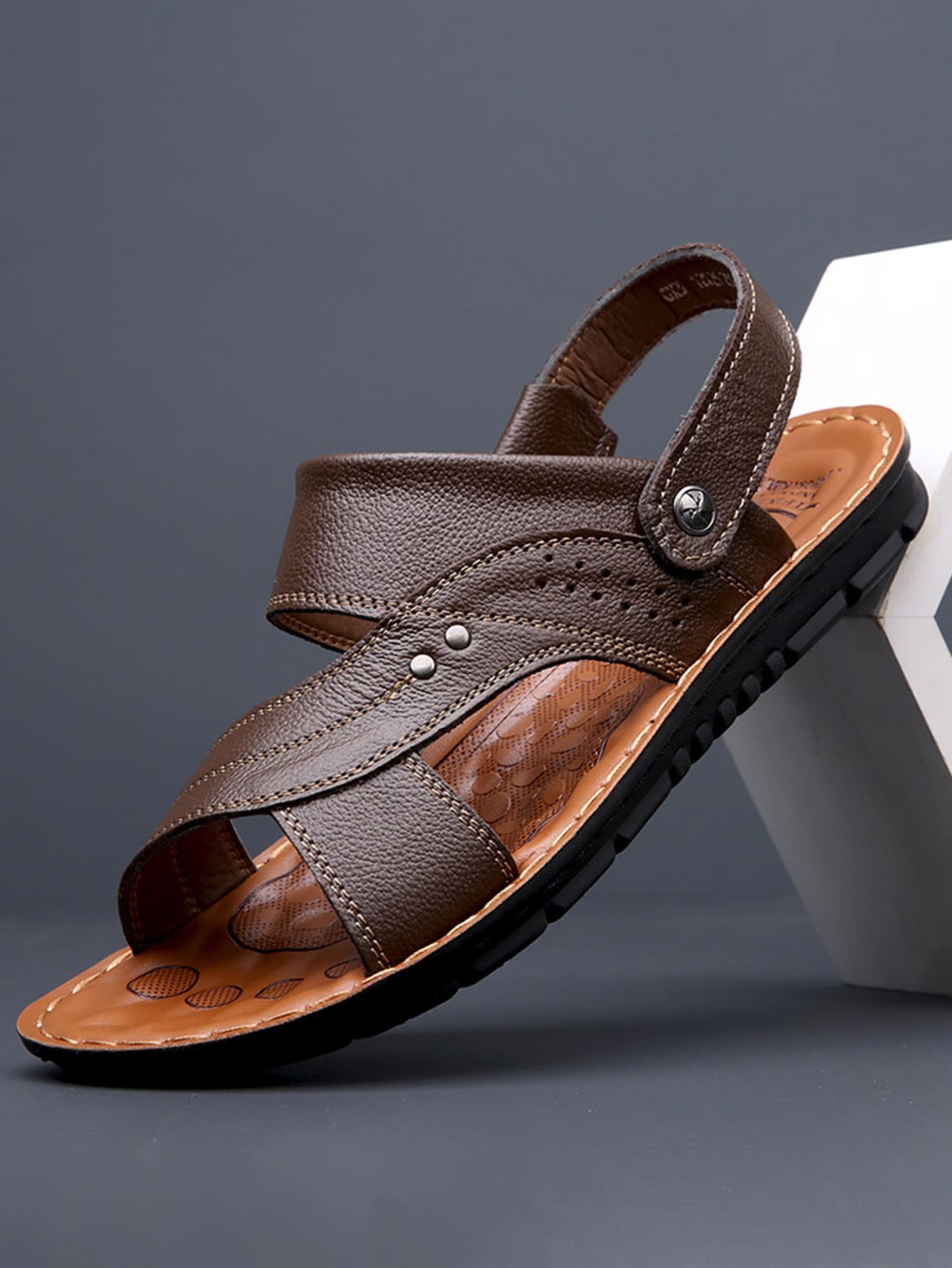 Men Brown Studded Decor Slingbacks Sandals, Open Toe Arabic Sandals - Brown - View 1