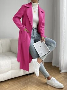 SHEIN EZwear Lapel Neck Dual Pocket Open Front Belted Overcoat - Pink - View 1