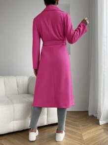 SHEIN EZwear Lapel Neck Dual Pocket Open Front Belted Overcoat - Pink - View 2
