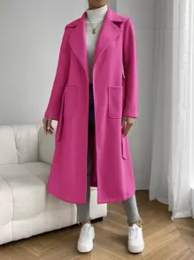 SHEIN EZwear Lapel Neck Dual Pocket Open Front Belted Overcoat - Pink - View 3