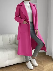 SHEIN EZwear Lapel Neck Dual Pocket Open Front Belted Overcoat - Pink - View 4