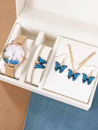 1 pieza Reloj de cuarzo con esfera con estampado de mariposa y Set de 4 piezas de joyería, un regalo ideal para estudiantes que regresan a la escuela