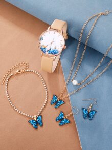 1 件蝴蝶印花表盘石英表和 4 件首饰套装节日作为返校学生的礼物