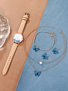 1 件蝴蝶印花表盘石英表和 4 件首饰套装节日作为返校学生的礼物