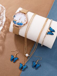 1 件蝴蝶印花表盘石英表和 4 件首饰套装节日作为返校学生的礼物