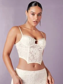 SHEIN BAE 不對稱下擺蕾絲吊帶上衣 - 米色 - 查看 3