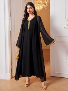 Al Najma Contrast Trim Trumpet Sleeve Coat & Dress - Black - View 1