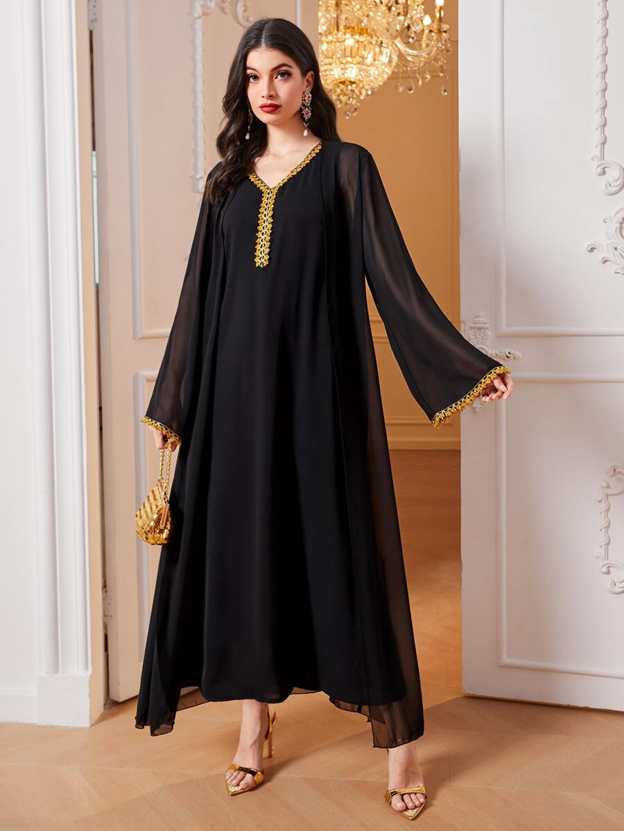 Al Najma Contrast Trim Trumpet Sleeve Coat & Dress - Black - View 1