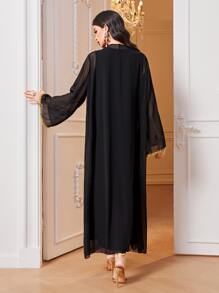 Al Najma Contrast Trim Trumpet Sleeve Coat & Dress - Black - View 2