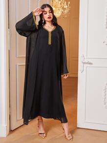 Al Najma Contrast Trim Trumpet Sleeve Coat & Dress - Black - View 3