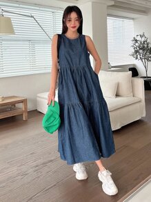 DAZY 荷葉邊牛仔鬆緊裙 - 深色水洗藍 - 查看 3