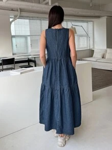 DAZY 荷葉邊牛仔鬆緊裙 - 深色水洗藍 - 查看 7