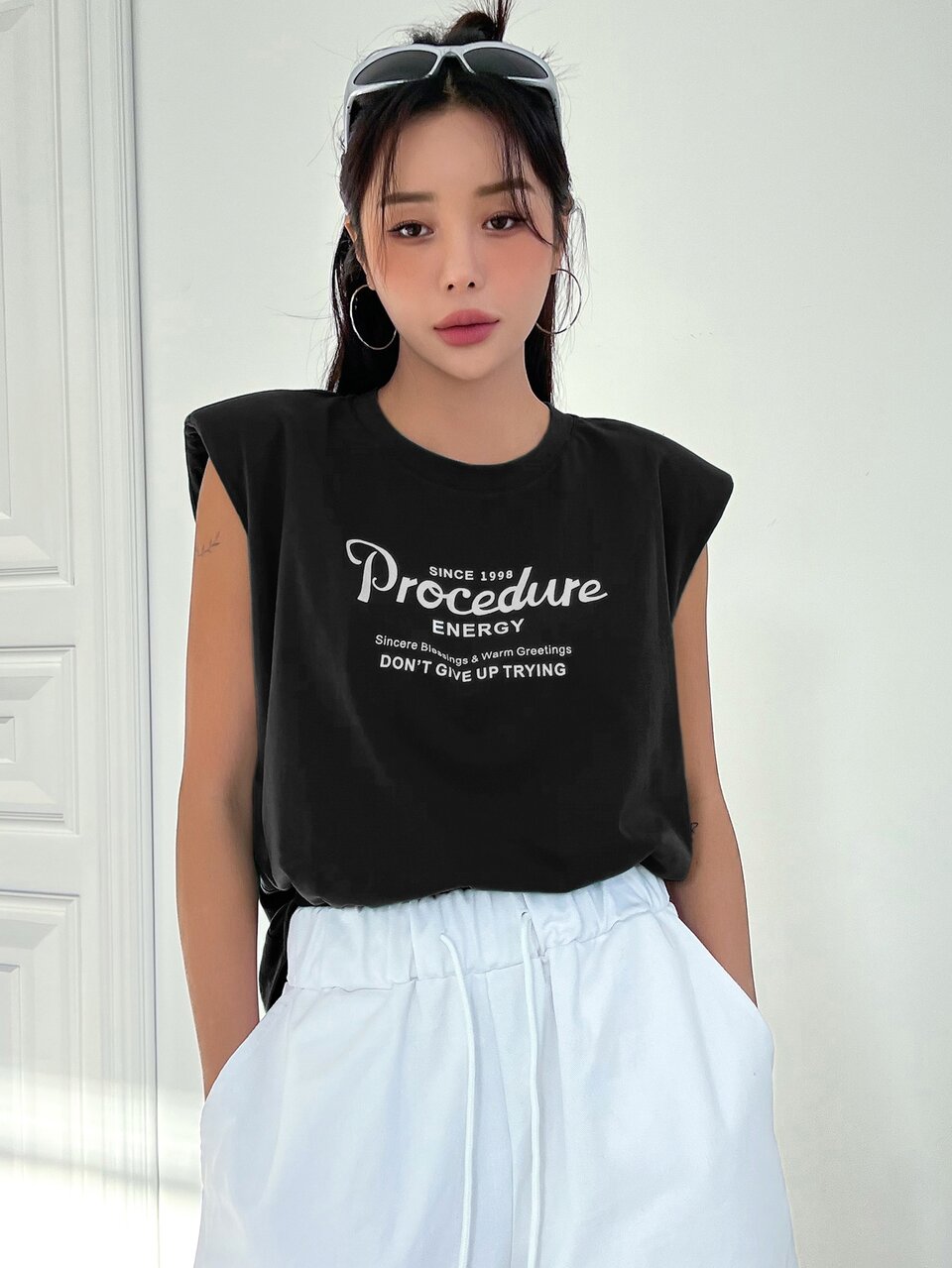 Slogan Graphic Shoulder Pad Tank Top