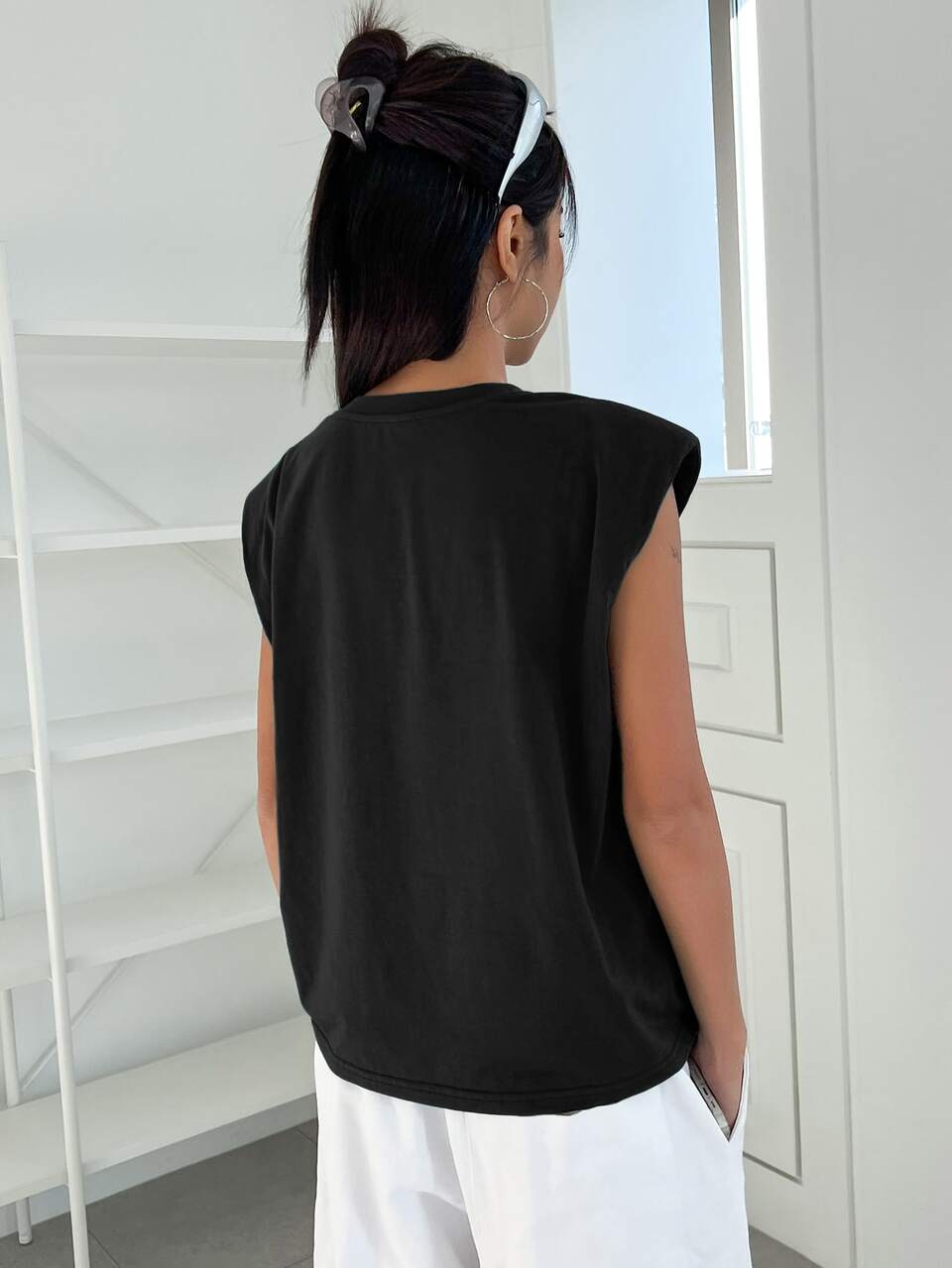 Slogan Graphic Shoulder Pad Tank Top