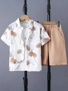 SHEIN Tween Boy Leaf Print Shirt & Shorts Without Tee - Multicolor - View 1
