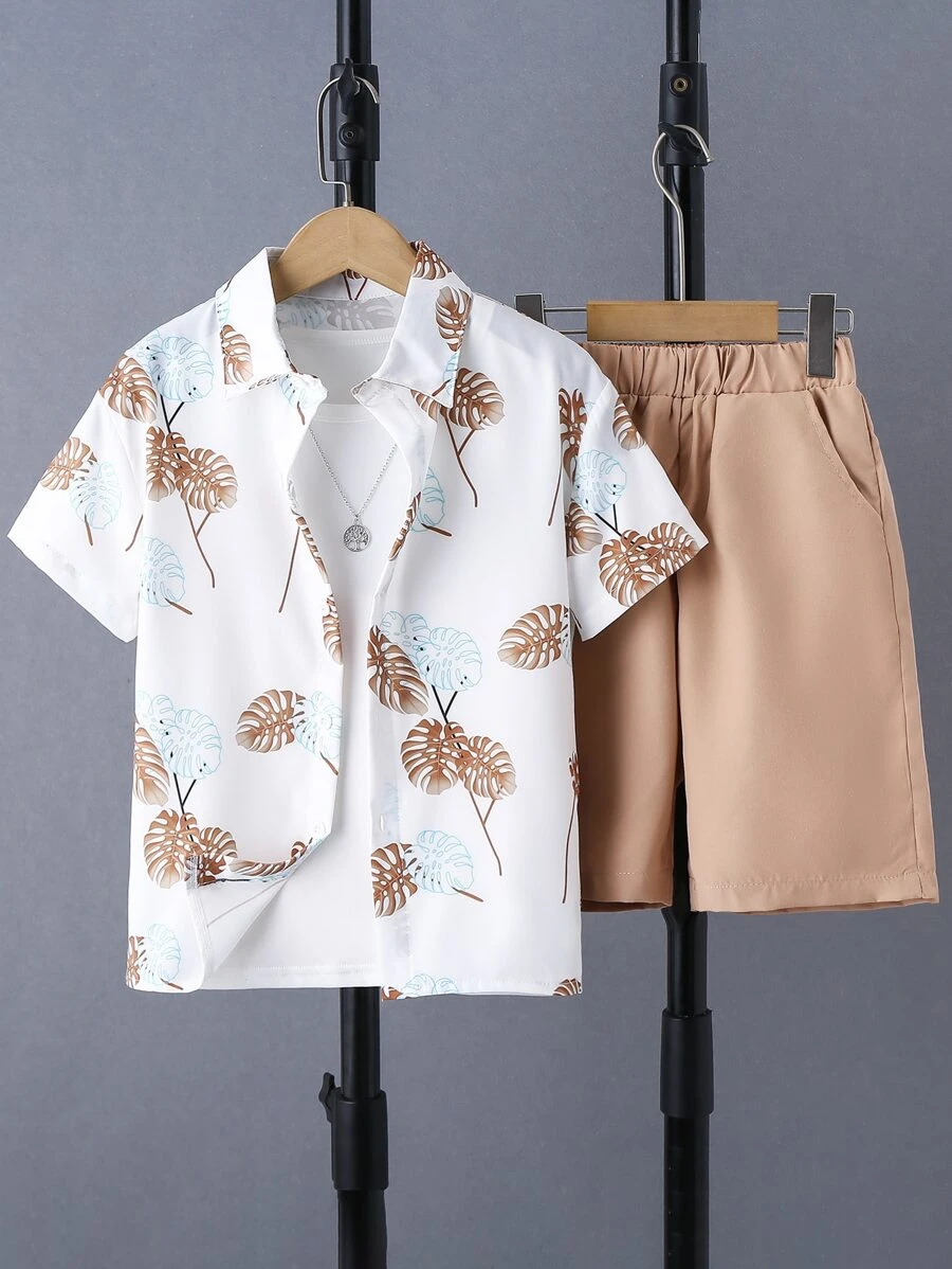 SHEIN Tween Boy Leaf Print Shirt & Shorts Without Tee - Multicolor - View 1