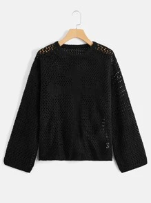 Cross Pattern Hollow Out Drop Shoulder Sweater - Black - View 1