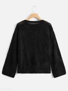 Cross Pattern Hollow Out Drop Shoulder Sweater - Black - View 2