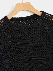Cross Pattern Hollow Out Drop Shoulder Sweater - Black - View 4